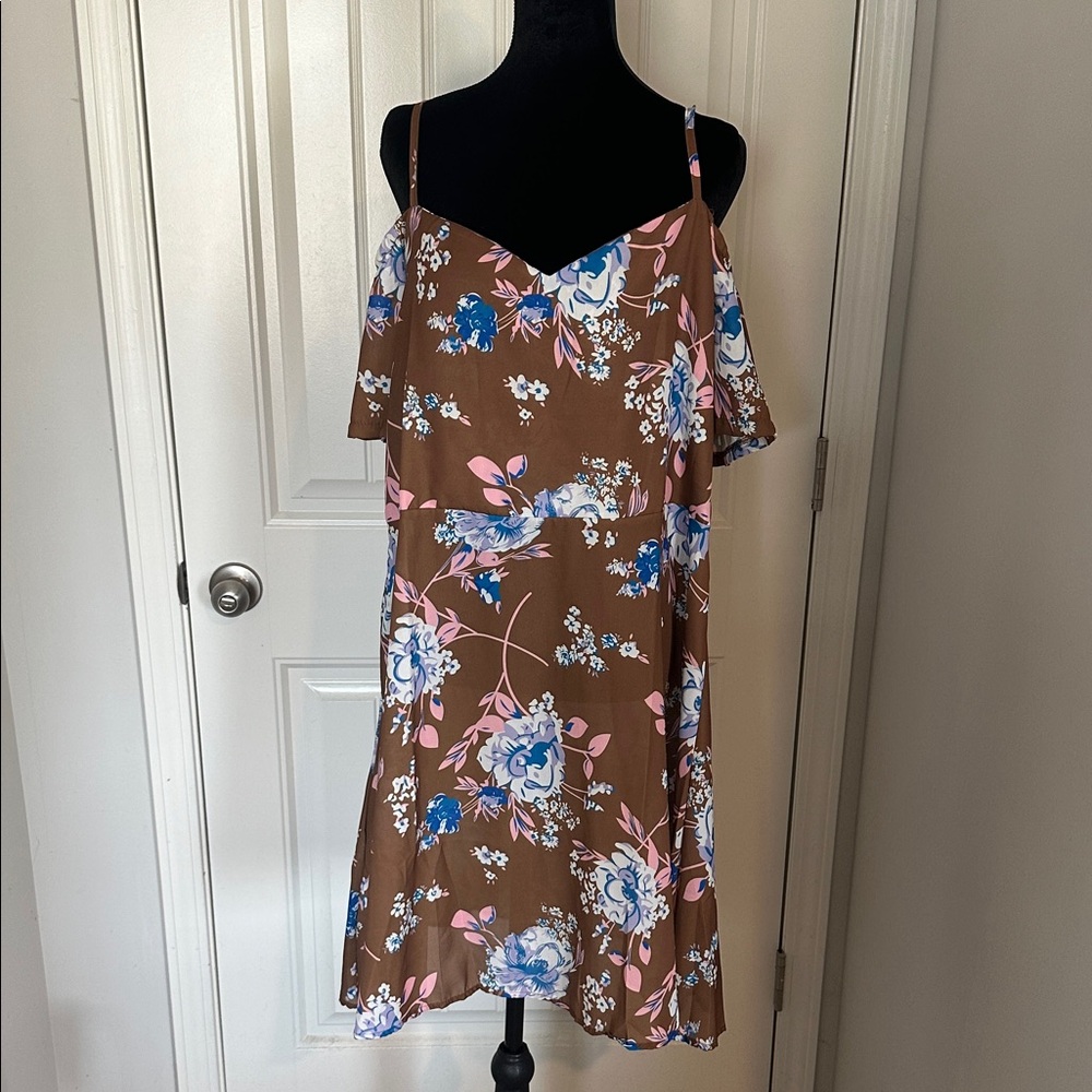 Floral Cold-Shoulder Slip Dress in Brown